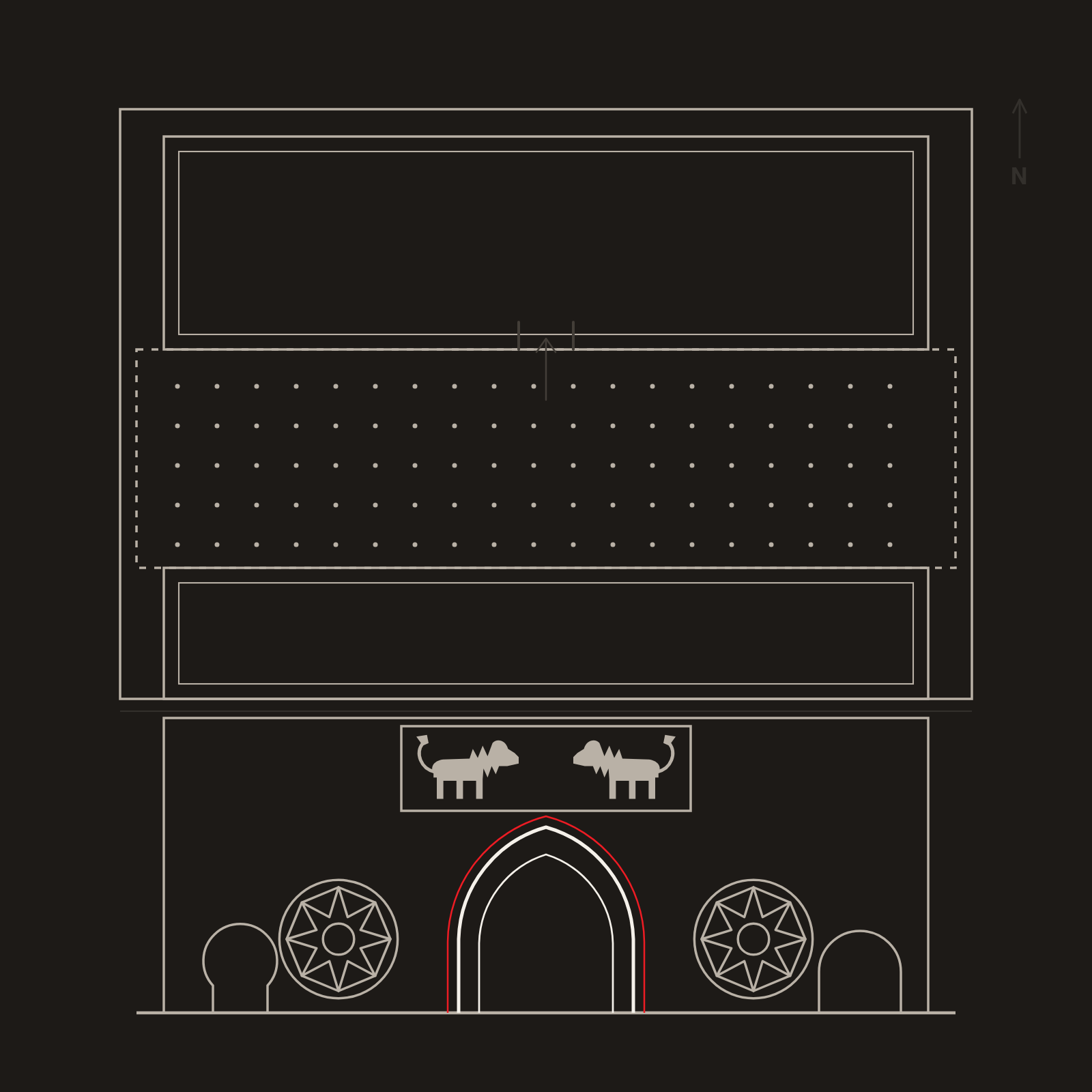 Schematic of Qasr al-Basha, state three of three: its later uses — a French occupation in 1799, a British police station in 1918, and a school under Egyptian administration. The whole compound is drawn at full strength: enclosure wall, both buildings, planted garden, and the gate elevation with its pointed-arch gateway picked out alongside the double-lion panel, star-plate ornament, horseshoe arch and semicircular arch.