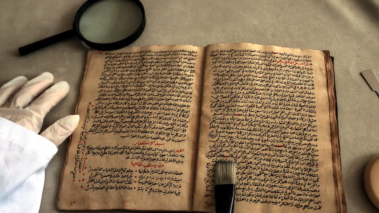 gloved hands, a magnifier and tools over an open manuscript.